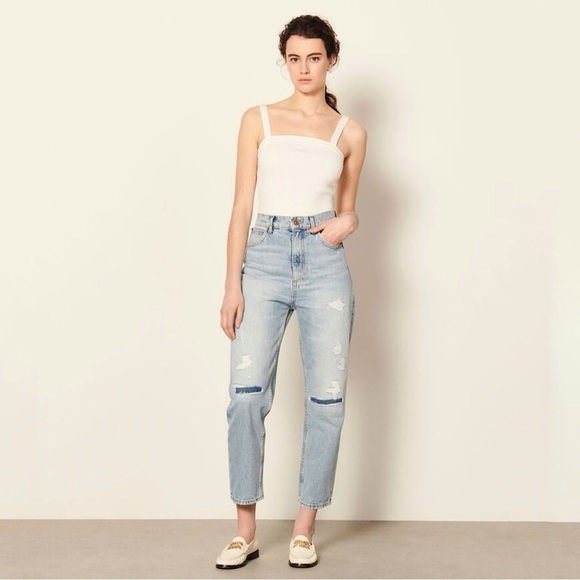 Sandro Guylain Distressed Boyfriend Rigid Denim High Waist Ankle Jean 10 - Picture 2 of 16